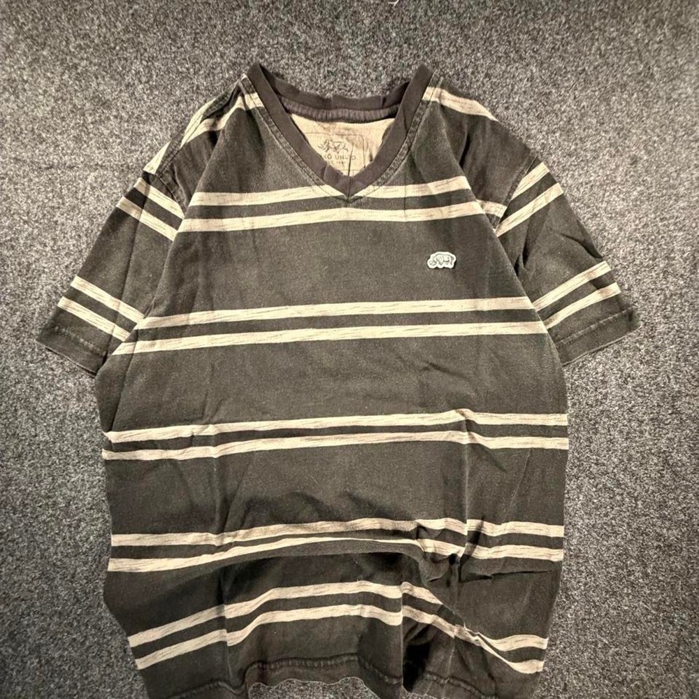 Vintage Ecko Unltd Striped T Shirt Mens XS Gray Rhino Logo Y2K Streetwear V-Neck